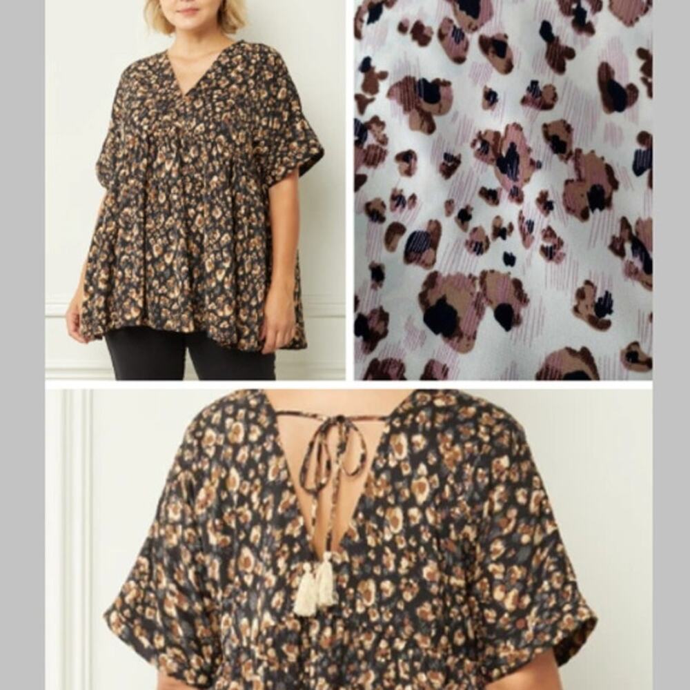 Entro | Neutral Leopard-Print Silky Open Tie-Back Short-Sleeve Babydoll Top 2X